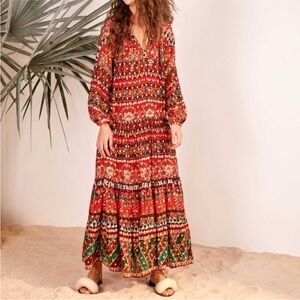 Anthropologie Farm Rio Red Tropical Shine Maxi Dress